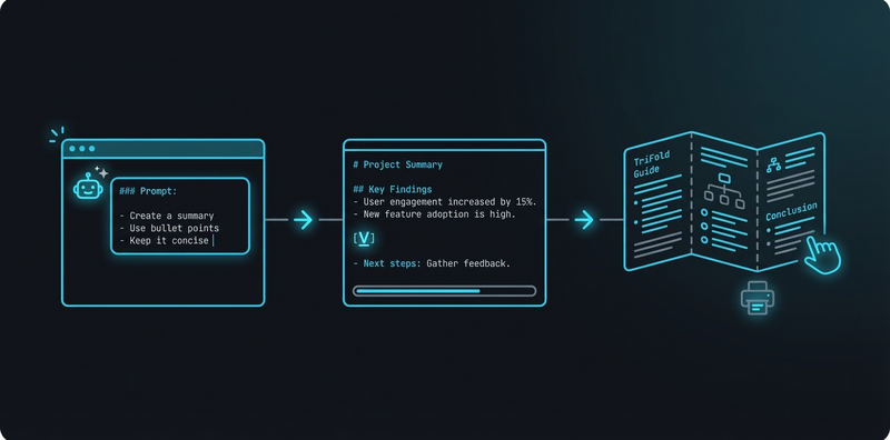 Workflow diagram showing Markdown content pasted into editor, generating a printable trifold reference card